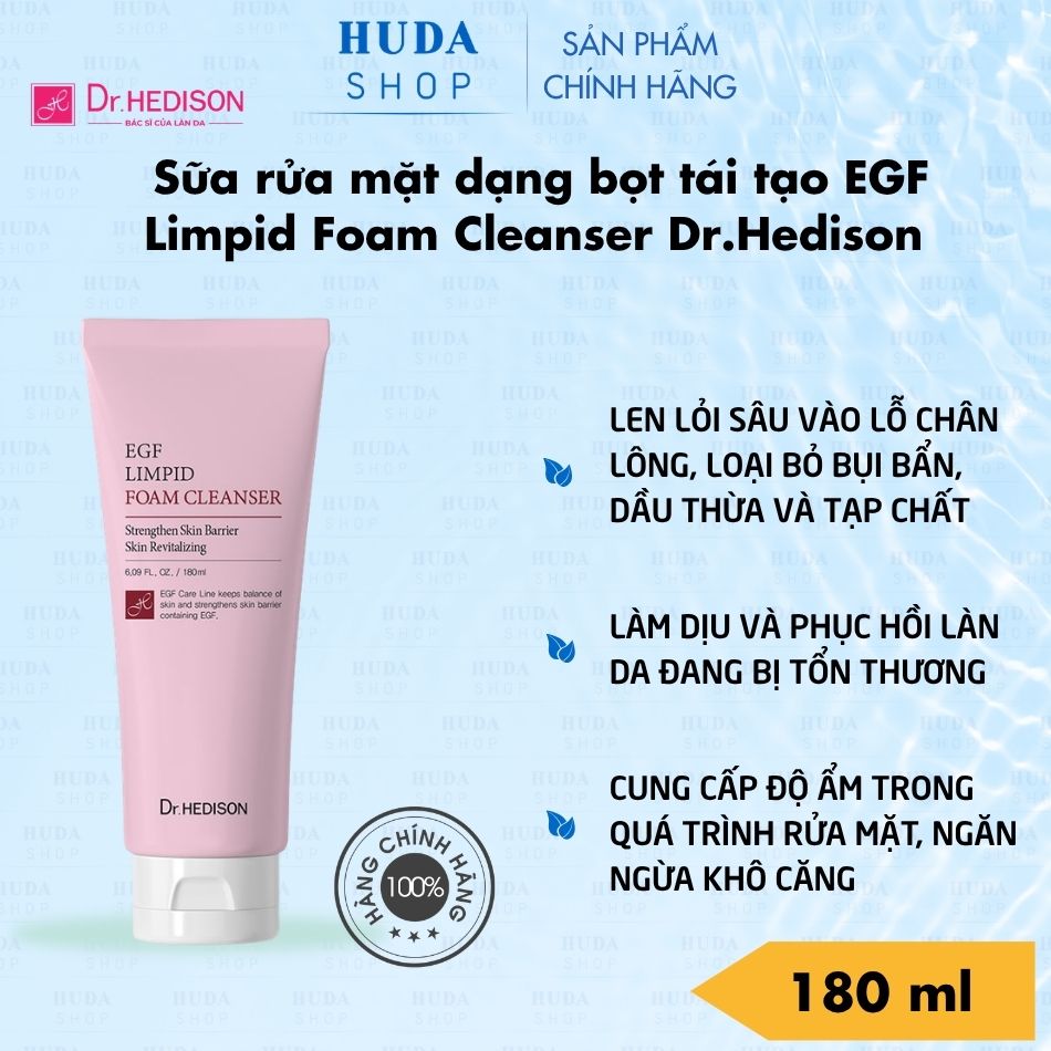 Sữa rửa mặt dạng bọt tái tạo EGF Limpid Foam Cleanser Dr.Hedison 180ml – Làm sạch dịu nhẹ, hỗ trợ phục hồi và bảo vệ hàng rào da