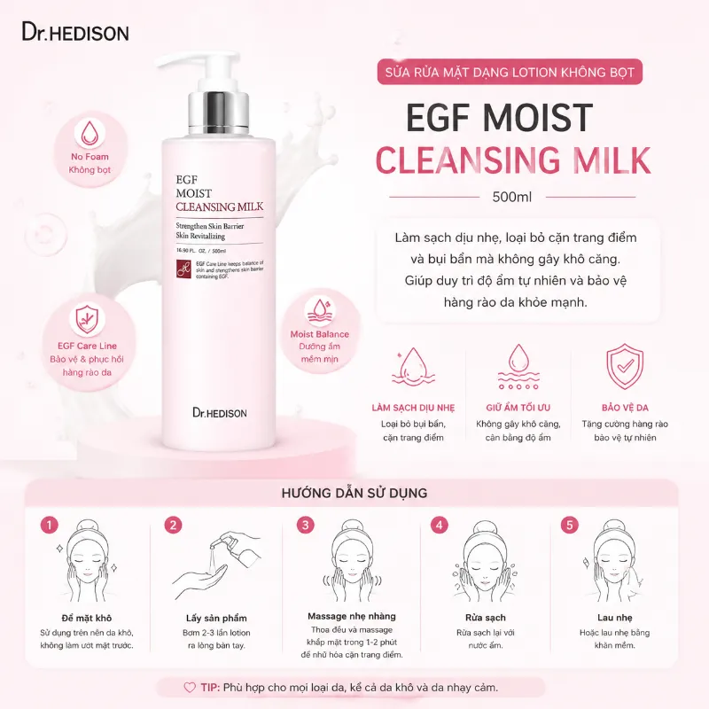 Sữa rửa mặt dạng lotion không bọt Dr.Hedison EGF Moist Cleansing Milk (500ml)