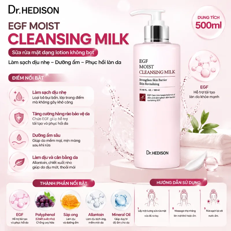 Sữa rửa mặt dạng lotion không bọt Dr.Hedison EGF Moist Cleansing Milk (500ml)