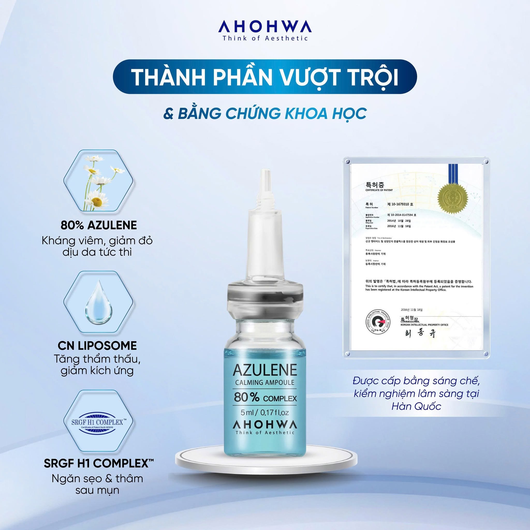 Tế bào gốc kháng viêm phục hồi tái tạo da mụn Ahohwa Azulene Calming Ampoule 80%