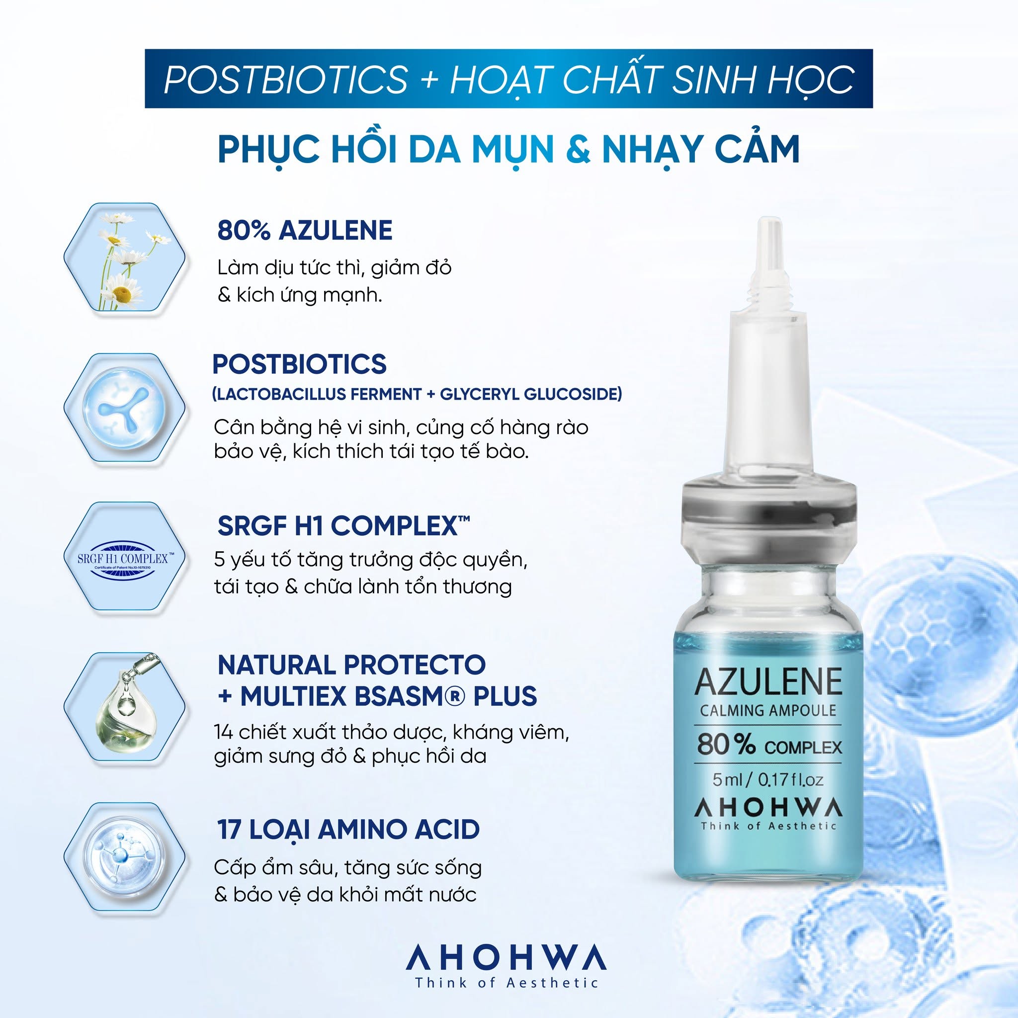 Tế bào gốc kháng viêm phục hồi tái tạo da mụn Ahohwa Azulene Calming Ampoule 80%