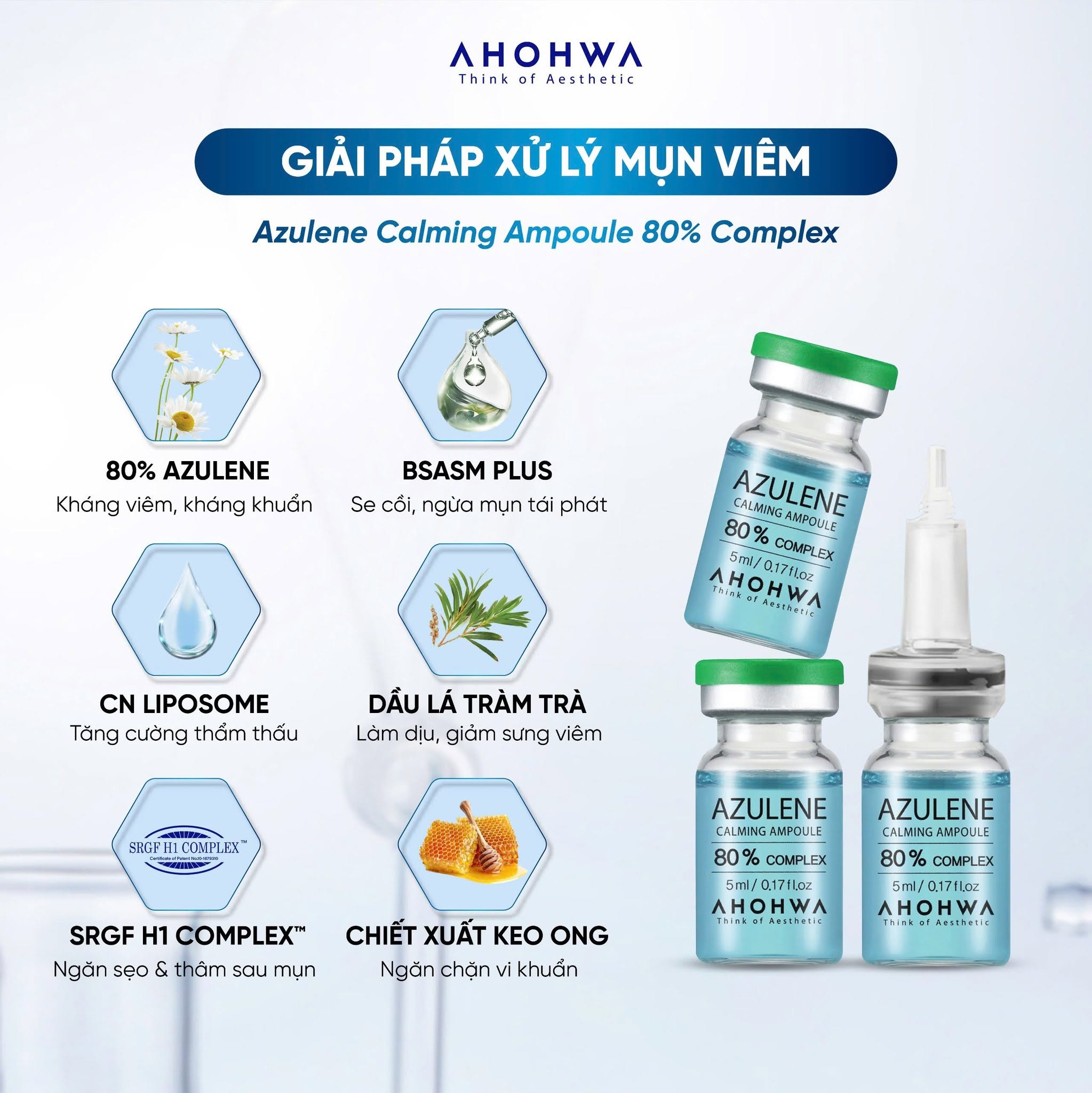 Tế bào gốc kháng viêm phục hồi tái tạo da mụn Ahohwa Azulene Calming Ampoule 80%