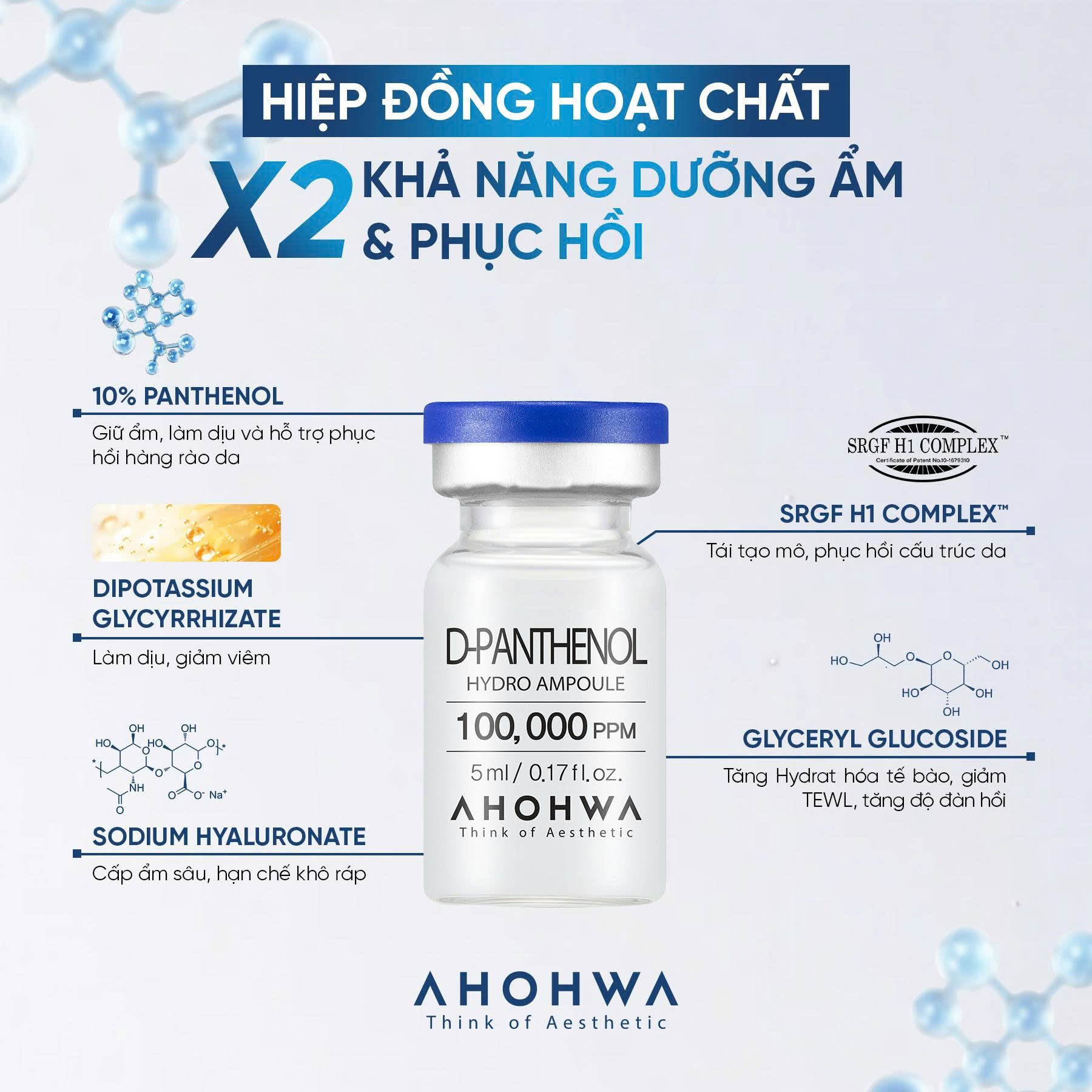 Tế bào gốc kháng viêm phục hồi tái tạo da nhạy cảm sau xâm lấn Ahohwa D-Panthenol Hydro Ampoule