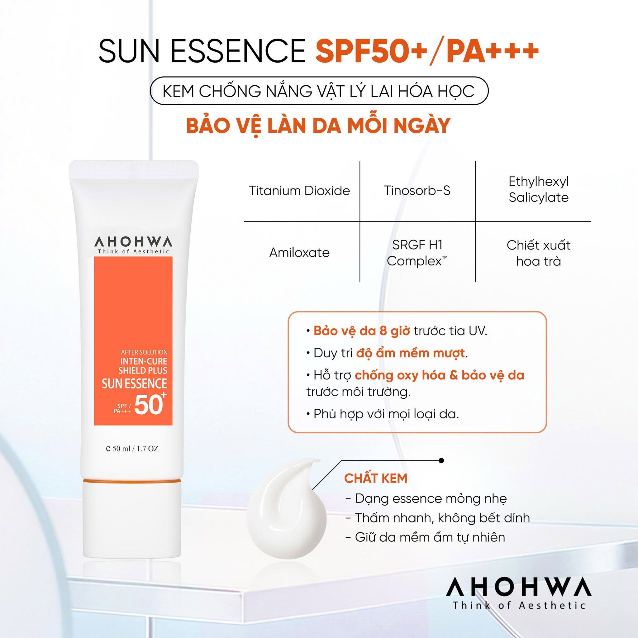 Tinh chất chống nắng vật lý lai hóa học Ahohwa After Solution Inten-Cure Shield Plus Sun Essence SPF50+/Pa+++