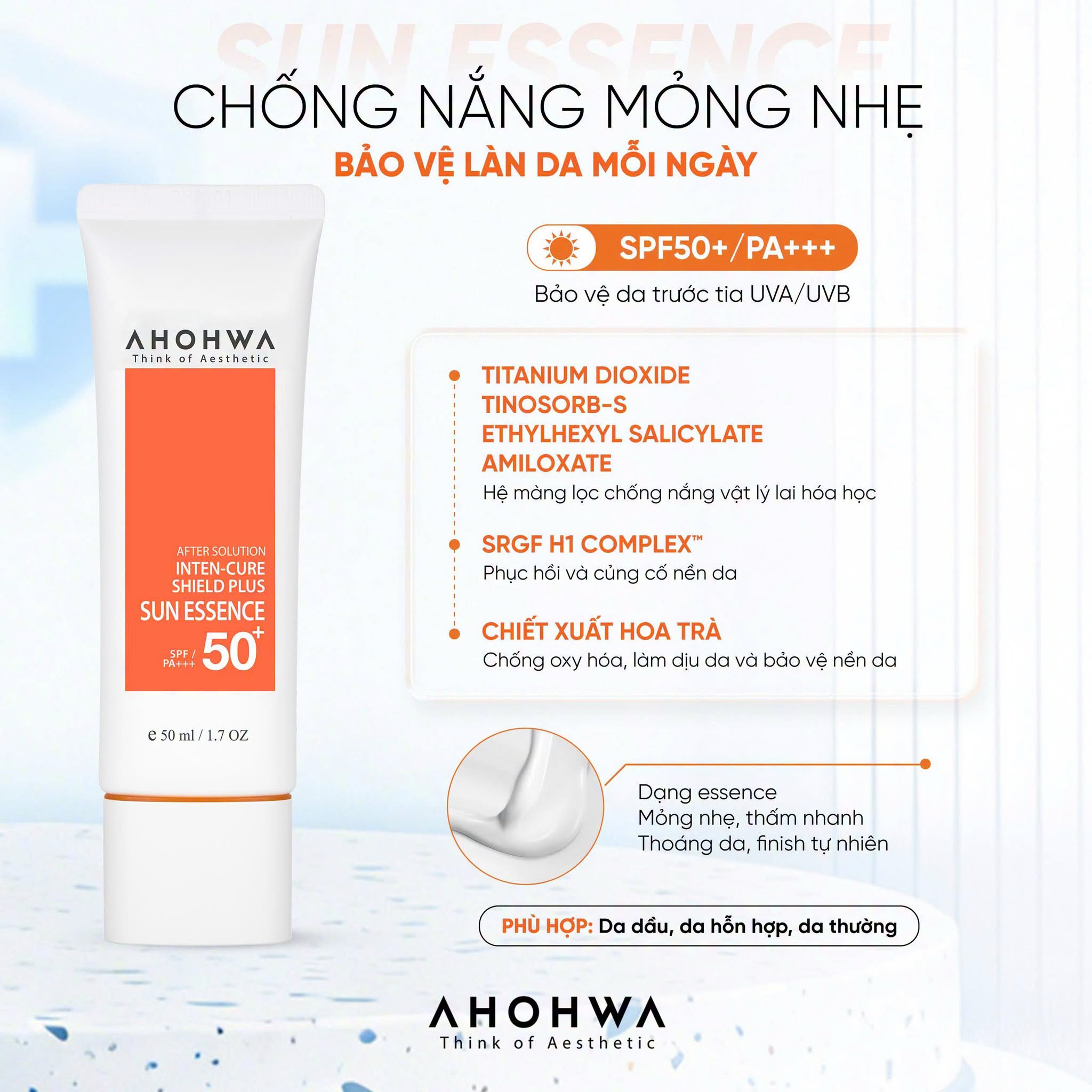 Tinh chất chống nắng vật lý lai hóa học Ahohwa After Solution Inten-Cure Shield Plus Sun Essence SPF50+/Pa+++
