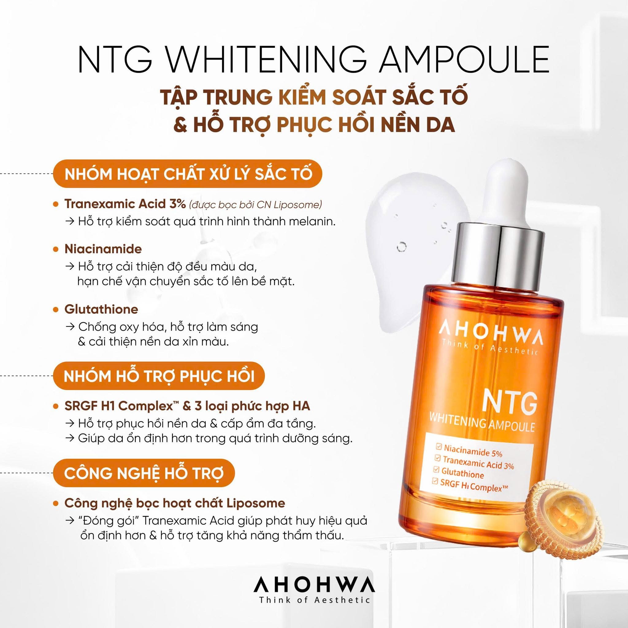 Tinh chất giảm nám đỏ dưỡng trắng kiểm soát tăng sắc tố Ahohwa Whitening Ampoule NTG