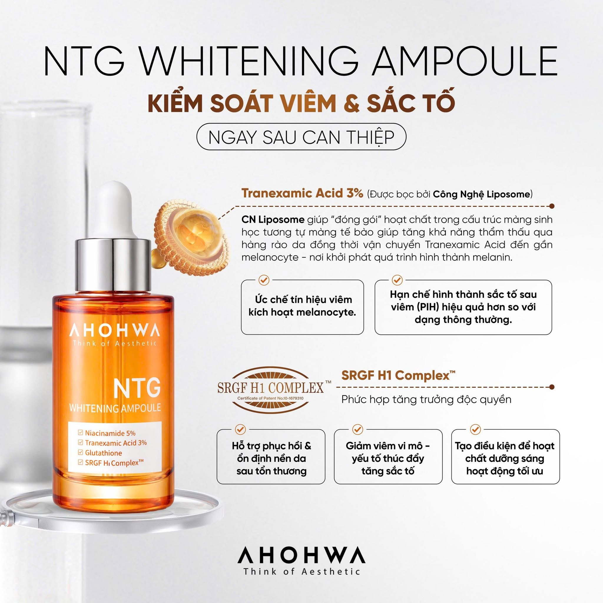 Tinh chất giảm nám đỏ dưỡng trắng kiểm soát tăng sắc tố Ahohwa Whitening Ampoule NTG