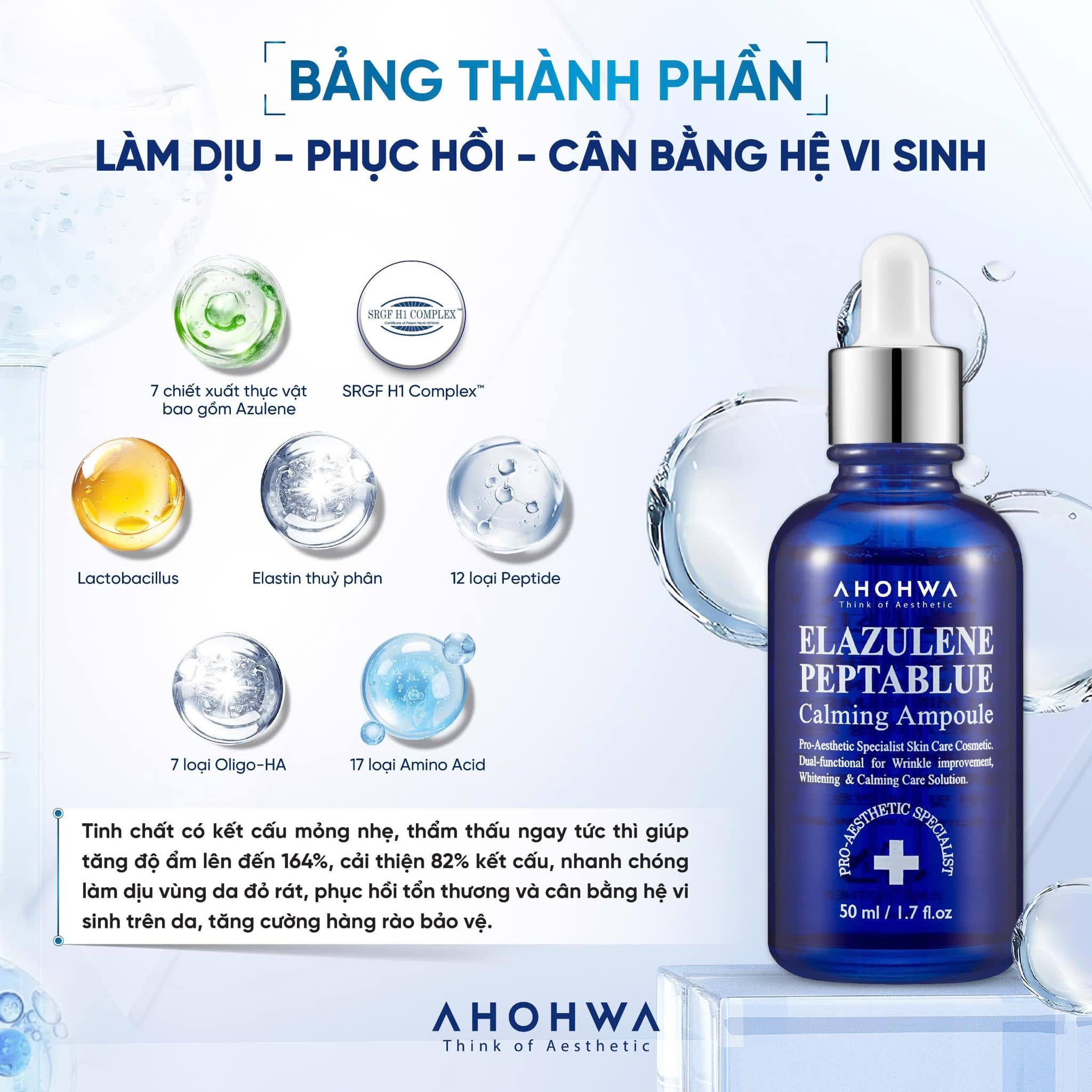 Tinh chất phục hồi trẻ hóa tế bào sinh học Ahohwa Elazulene Peptablue Calming Ampoule