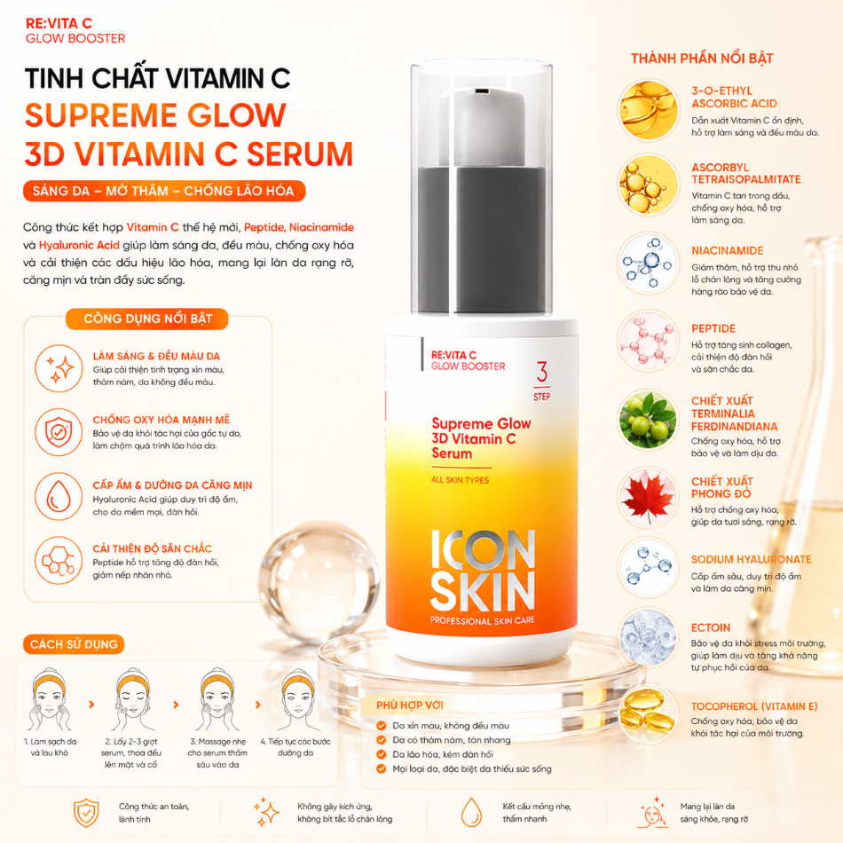Tinh chất vitamin cải thiện chống lão hoá da Icon Skin Supreme Glow 3D Vitamin C Serum