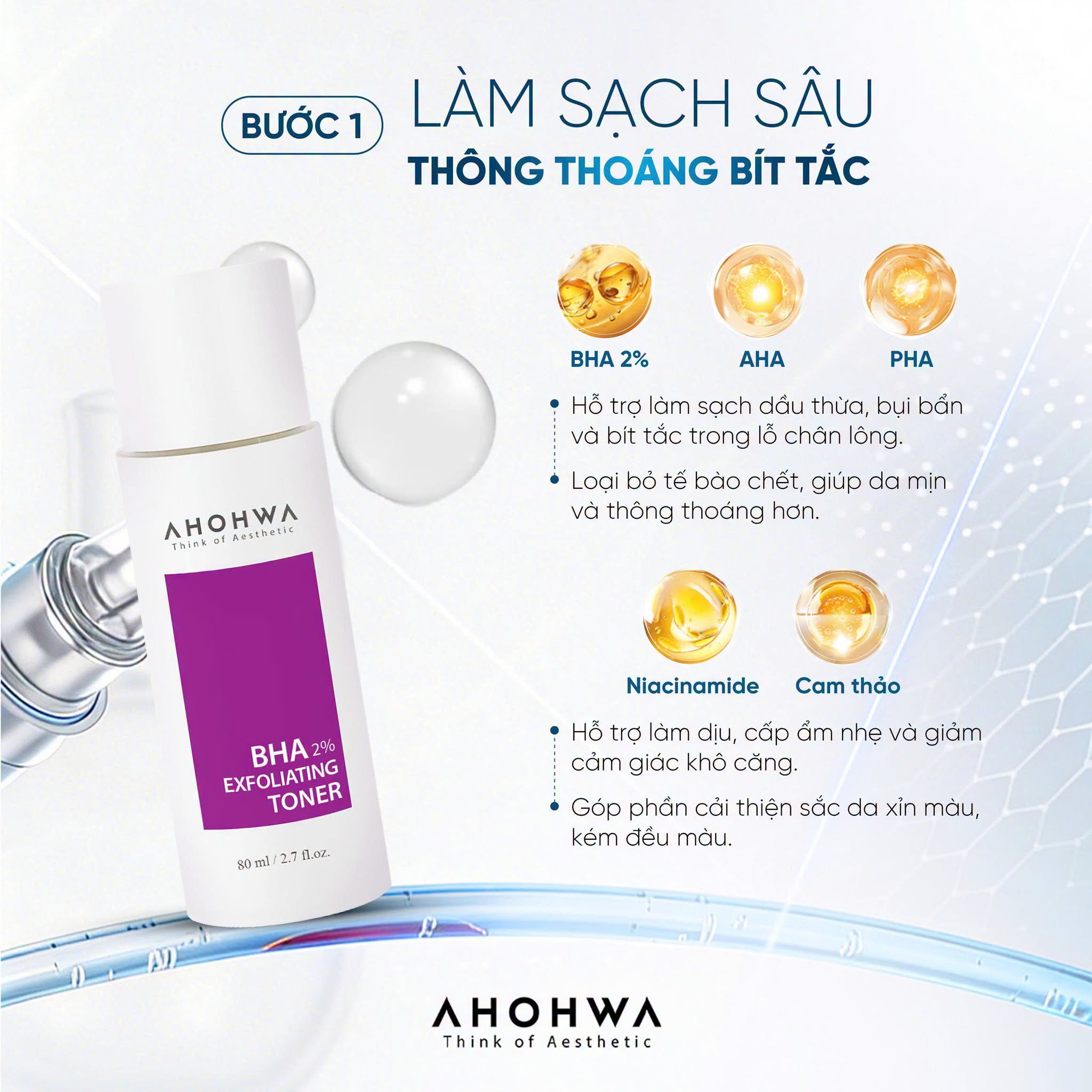 Toner hỗ trợ giảm mụn làm sạch bã nhờn thu nhỏ lỗ chân lông Ahohwa BHA 2% Exfoliating Toner
