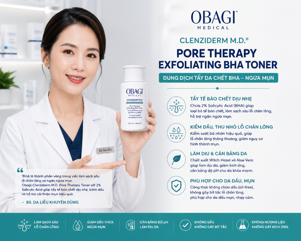 Toner tẩy da chết, ngừa mụn Obagi Clenziderm M.D. Exfoliating BHA Toner