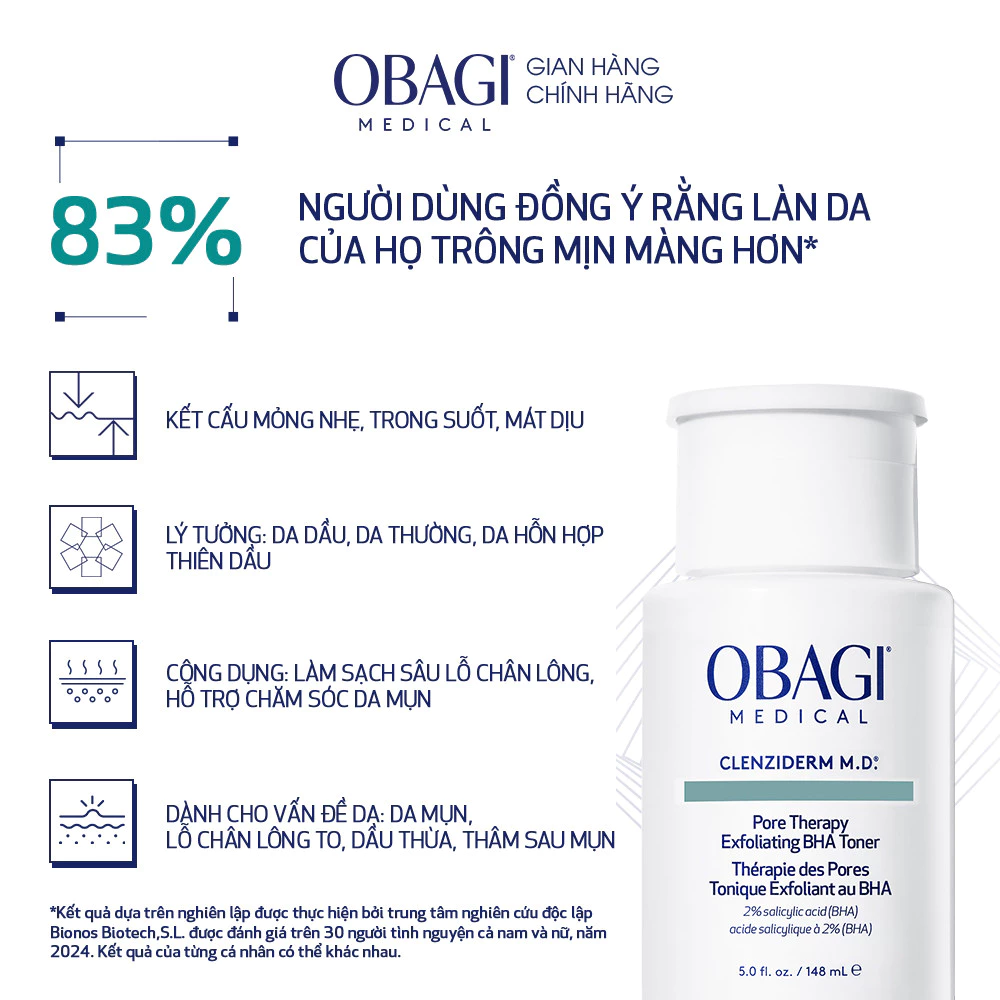 Toner tẩy da chết, ngừa mụn Obagi Clenziderm M.D. Exfoliating BHA Toner