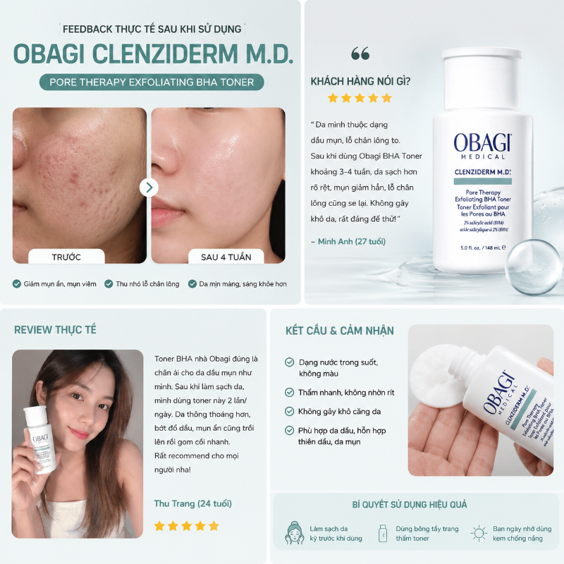 Toner tẩy da chết, ngừa mụn Obagi Clenziderm M.D. Exfoliating BHA Toner