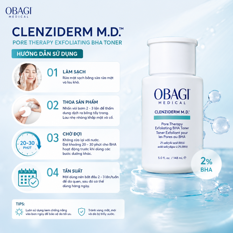 Toner tẩy da chết, ngừa mụn Obagi Clenziderm M.D. Exfoliating BHA Toner
