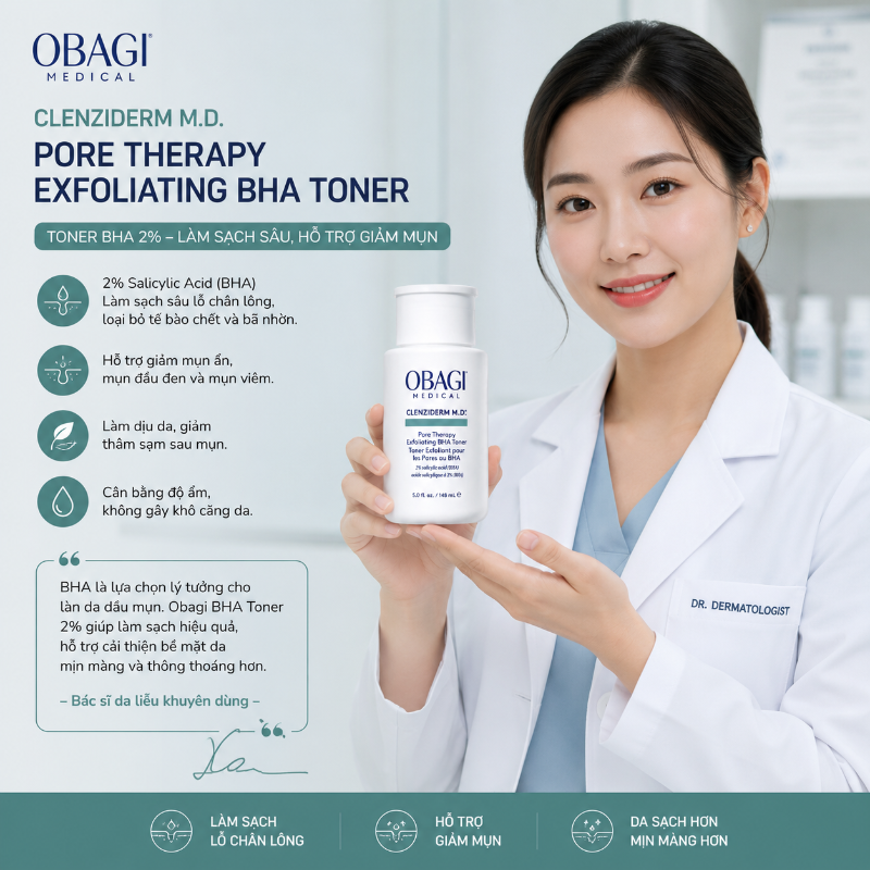 Toner tẩy da chết, ngừa mụn Obagi Clenziderm M.D. Exfoliating BHA Toner