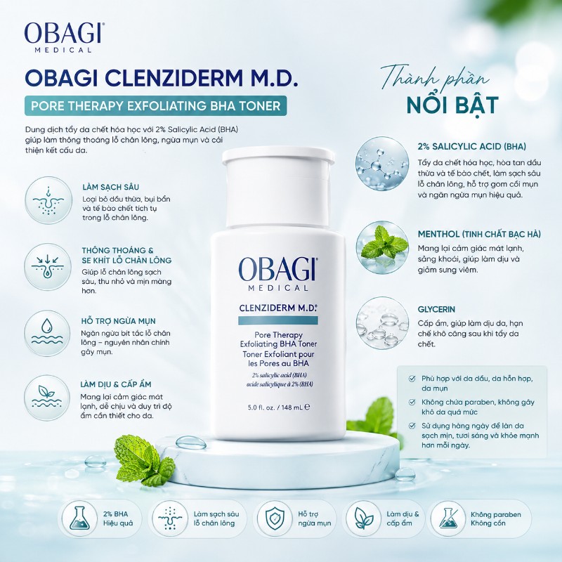 Toner tẩy da chết, ngừa mụn Obagi Clenziderm M.D. Exfoliating BHA Toner