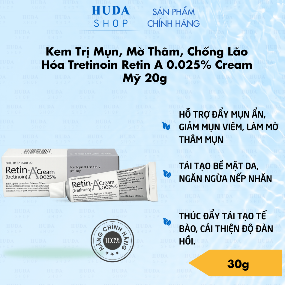 Kem Trị Mụn, Mờ Thâm, Chống Lão Hóa Tretinoin Retin A 0.025% Cream Mỹ 20g