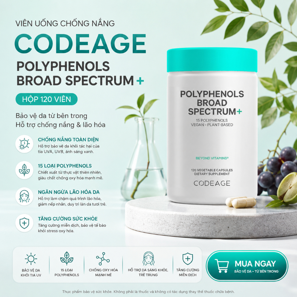 Viên uống trẻ hóa và chống nắng bảo vệ da phổ rộng Codeage Polyphenols Broad Spectrum