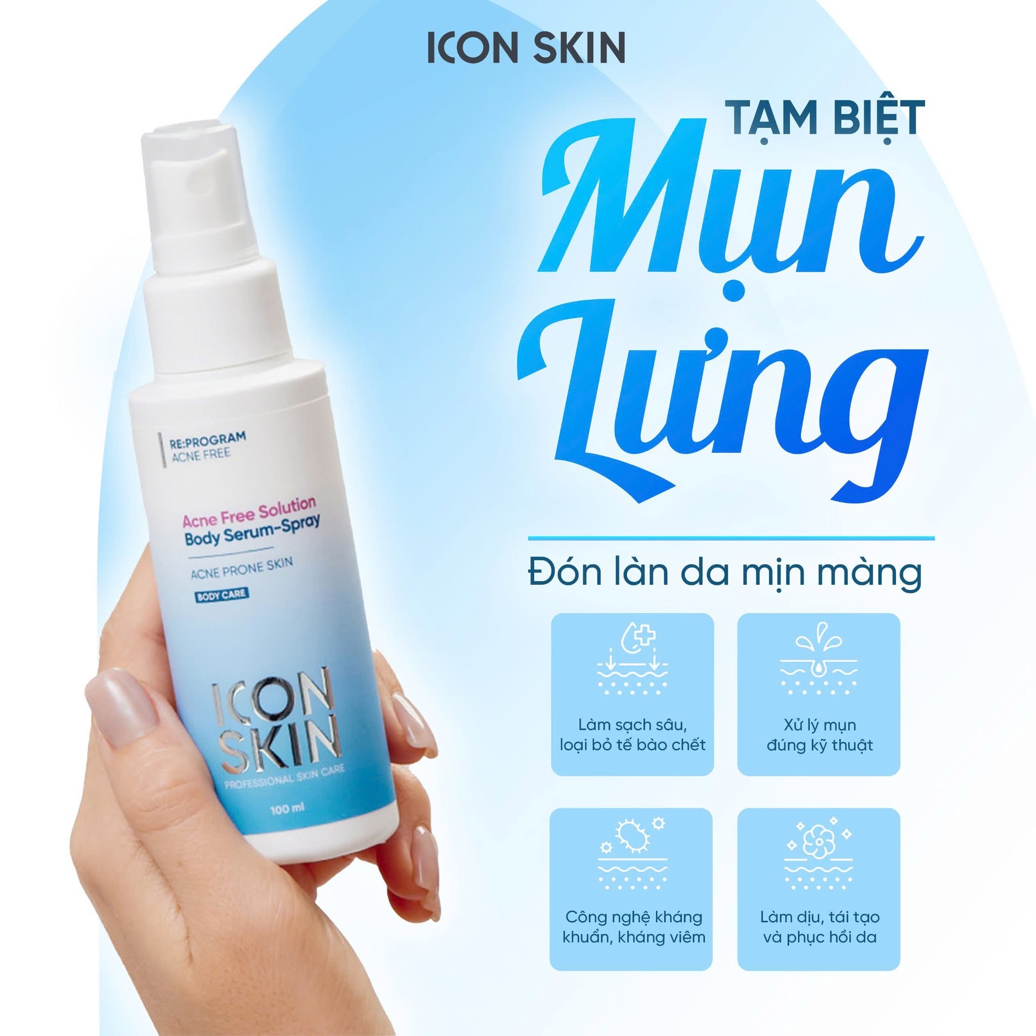 Xịt giảm mụn body cho da mụn Icon Skin Acne Free Solution Body Serum-Spray