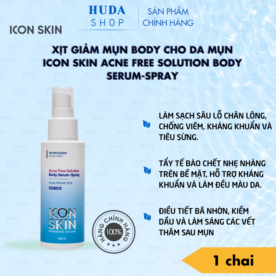 Xịt giảm mụn body cho da mụn Icon Skin Acne Free Solution Body Serum-Spray