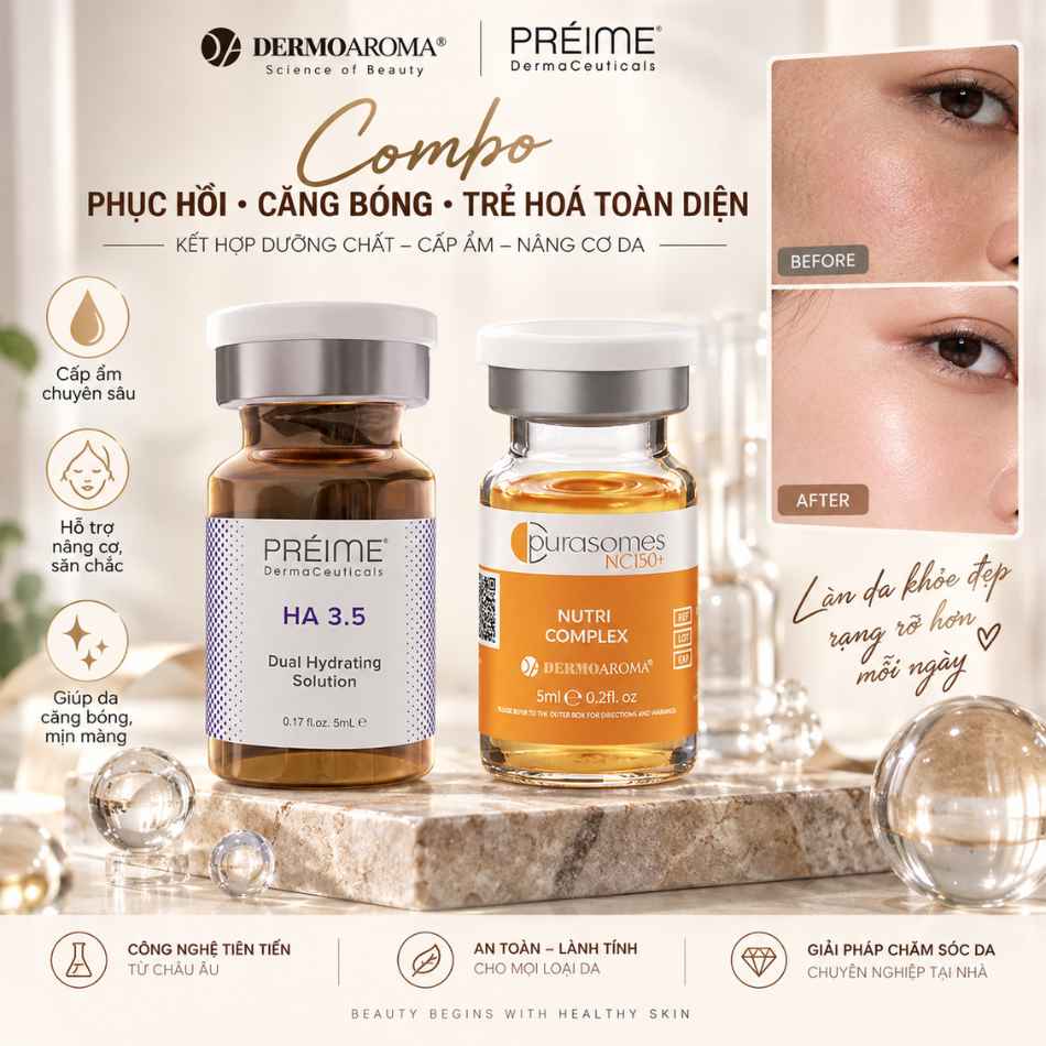 Combo tinh chất phục hồi, căng bóng, trẻ hoá toàn diện Dermaoaroma Purasomes NC150+ Nutri Complex + Préime Derma Ceuticals HA 3.5 (2).jpg