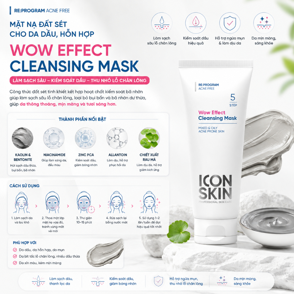 Mặt nạ đất sét cho da dầu da, hỗn hợp Icon Skin Wow Effect Cleansing Mask.jpg
