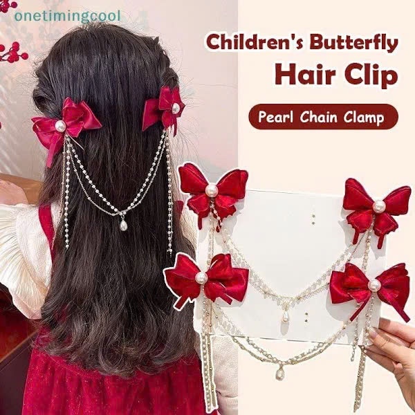 set 2 Kẹp tóc nơ đỏ phối dài dây ngọc