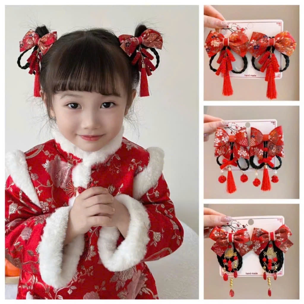 Set 2 kẹp tóc hoa đỏ tua rua