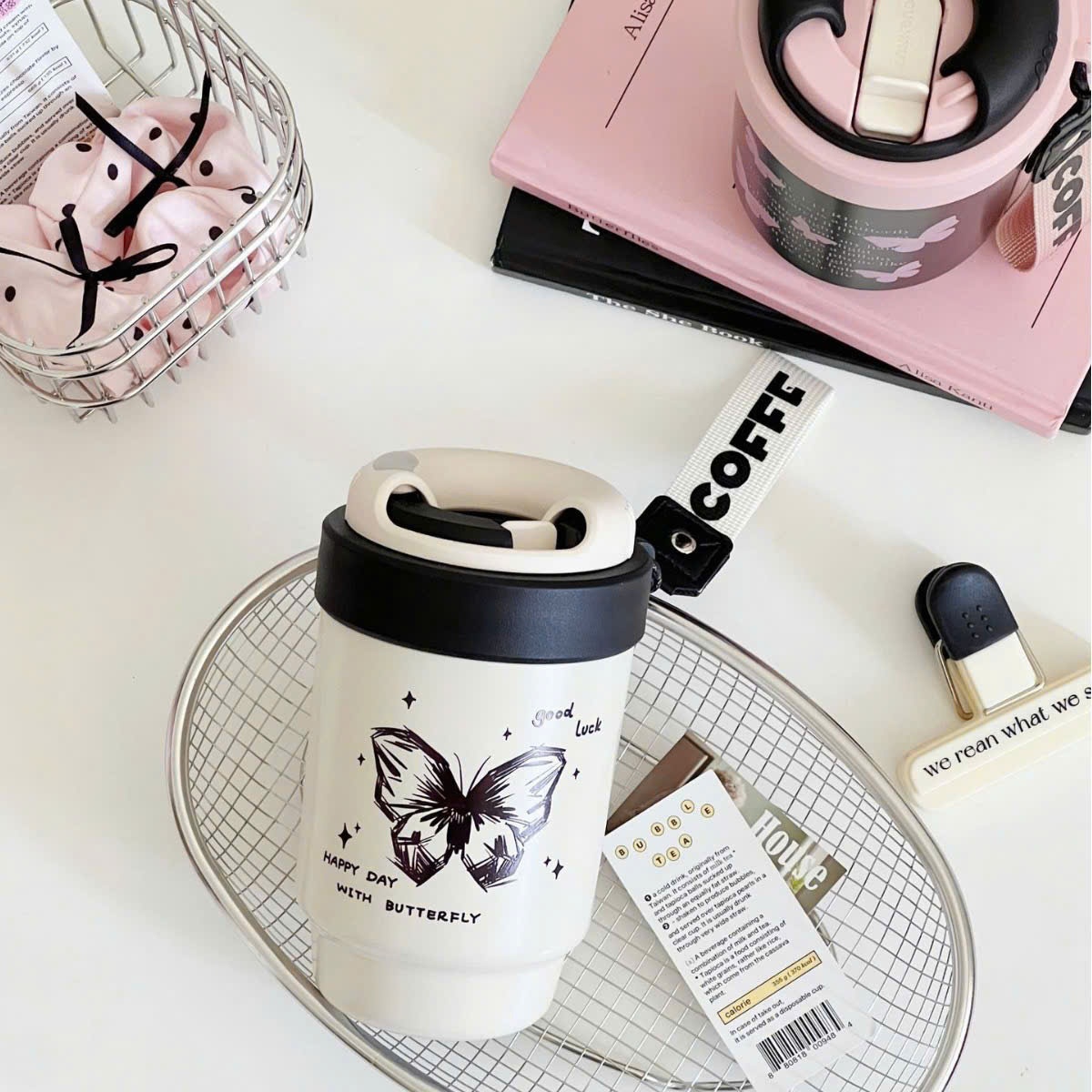 Ly nước giữ nhiệt coffee hồng hình bướm