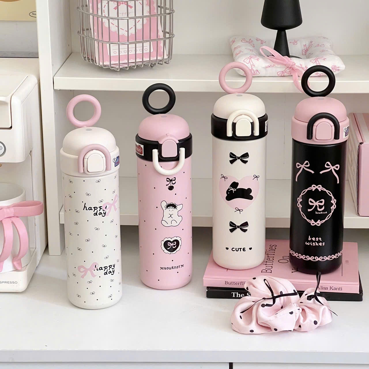 Bình nước giữ nhiệt hình nơ đen hồng