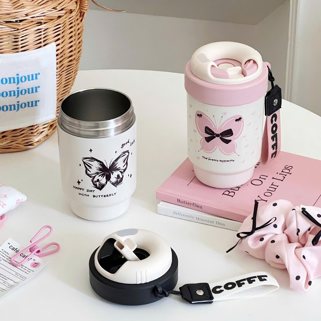 Ly nước giữ nhiệt coffee hồng hình bướm
