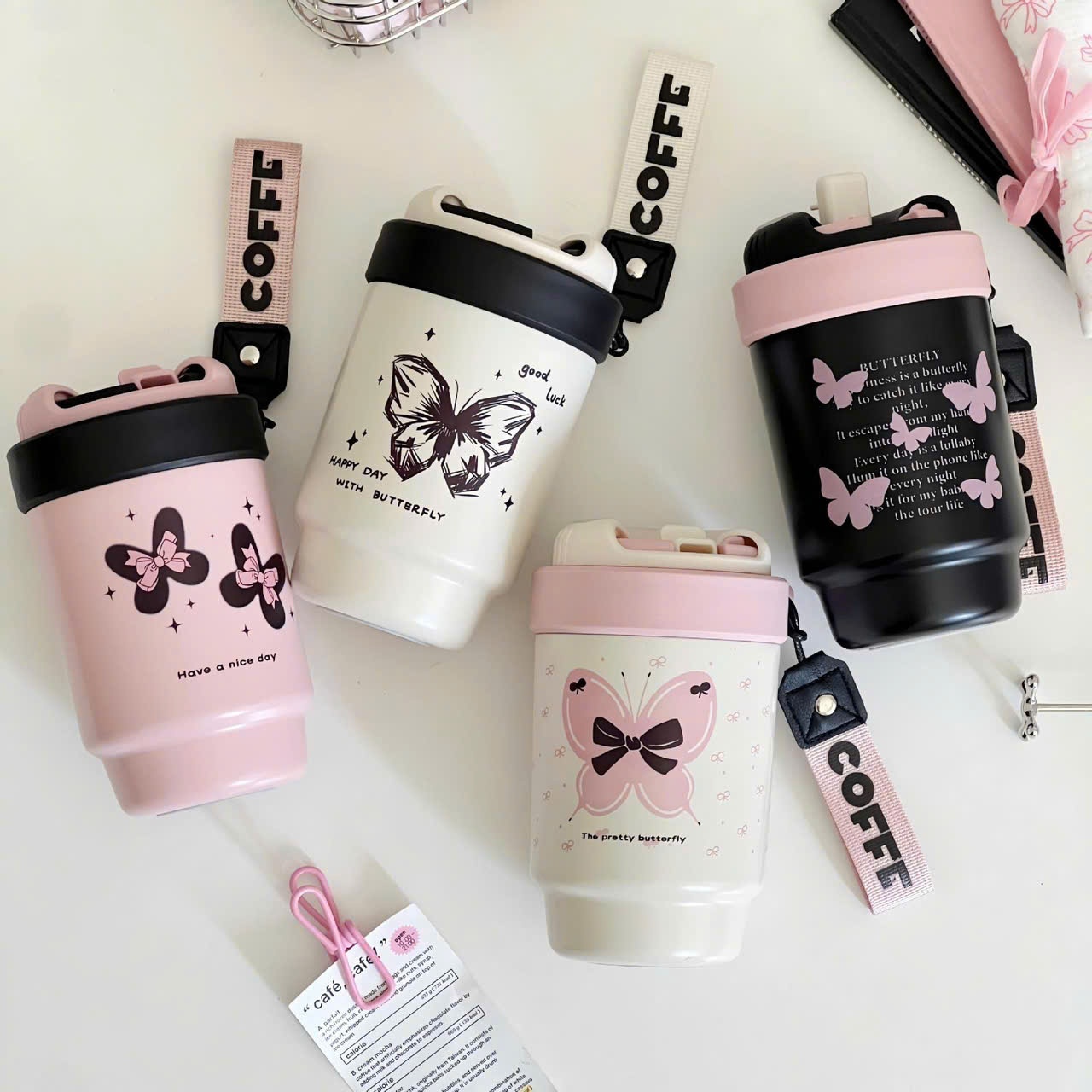 Ly nước giữ nhiệt coffee hồng hình bướm
