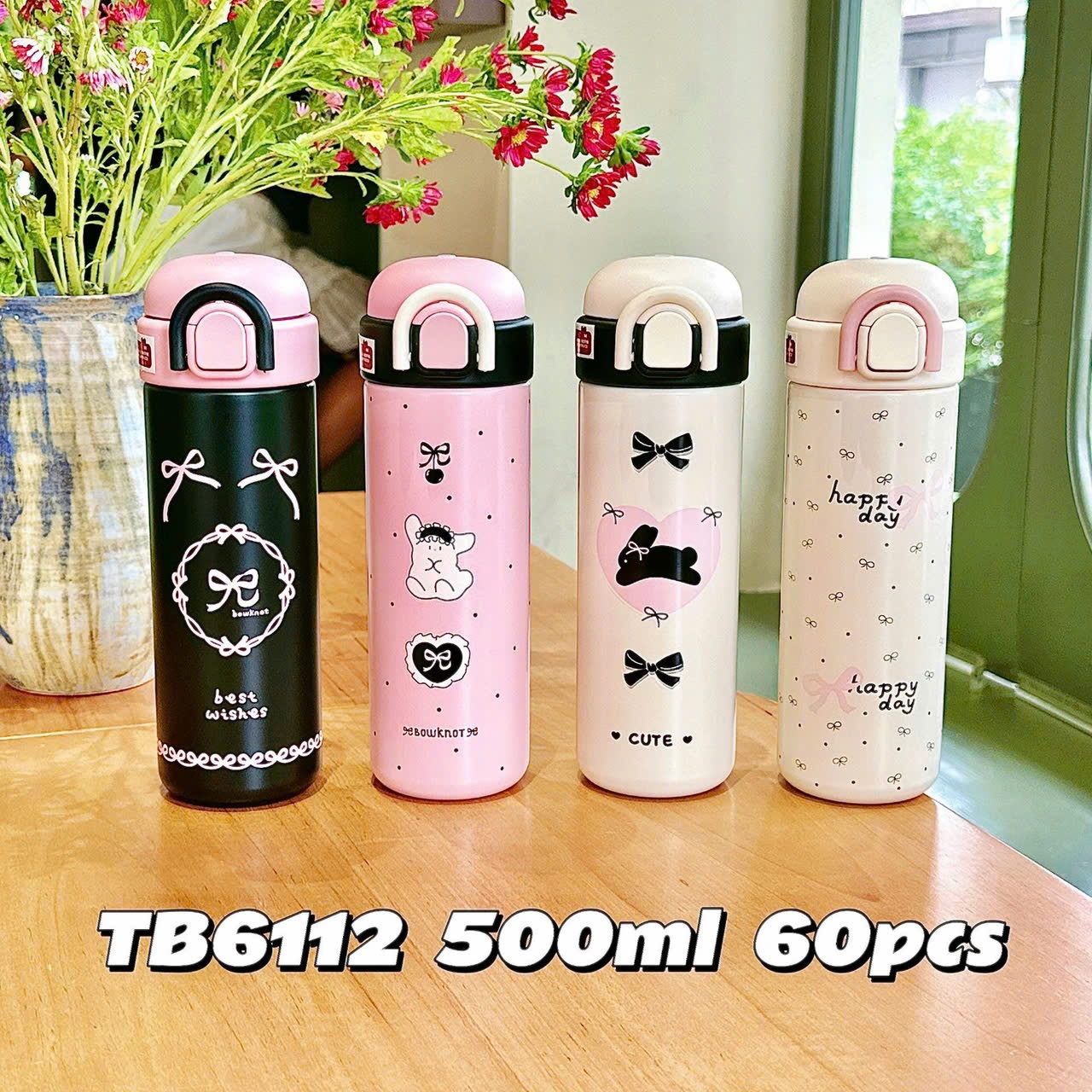Bình nước giữ nhiệt hình nơ đen hồng