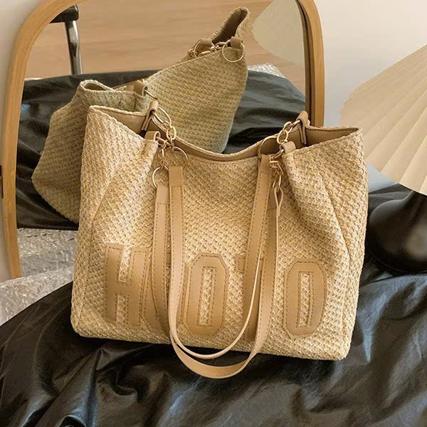 túi cói xách tay phối xích HOOTO 34*26*11cm