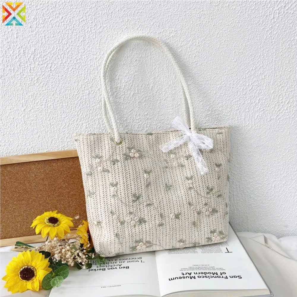 túi cói xách tay họa tiết hoa thêu 33*26*24*9cm
