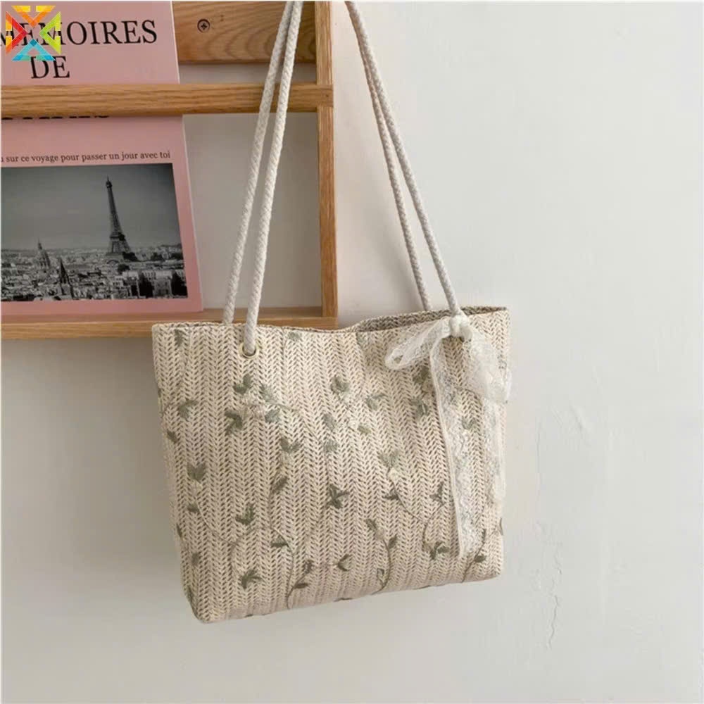 túi cói xách tay họa tiết hoa thêu 33*26*24*9cm