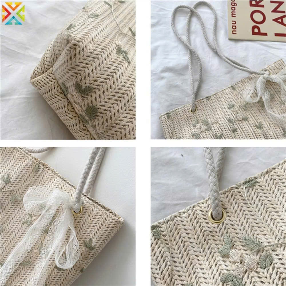 túi cói xách tay họa tiết hoa thêu 33*26*24*9cm