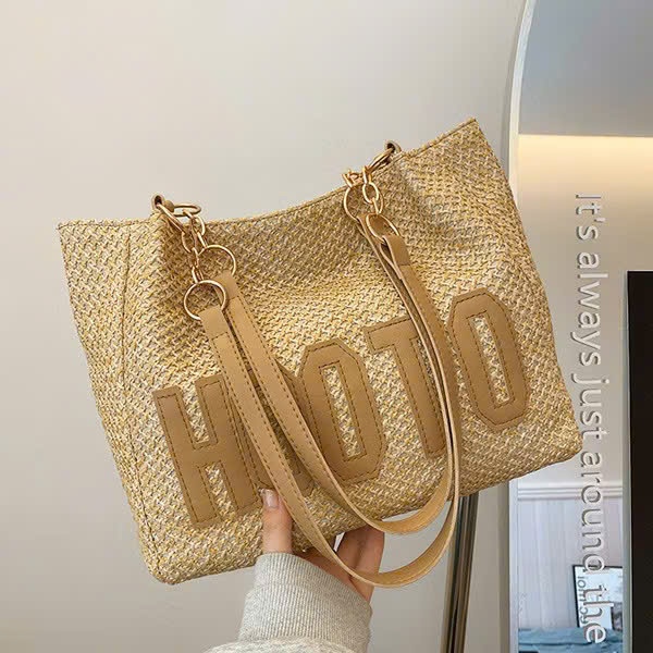 túi cói xách tay phối xích HOOTO 34*26*11cm