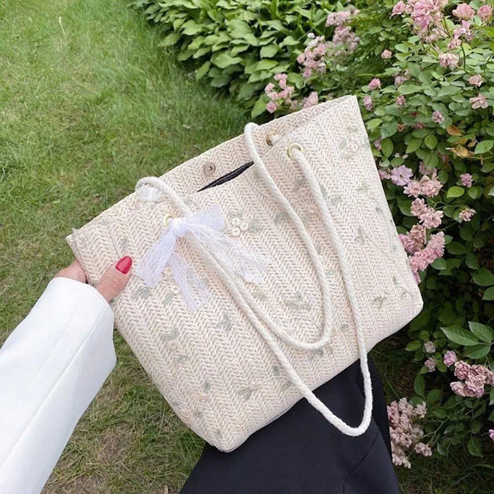túi cói xách tay họa tiết hoa thêu 33*26*24*9cm