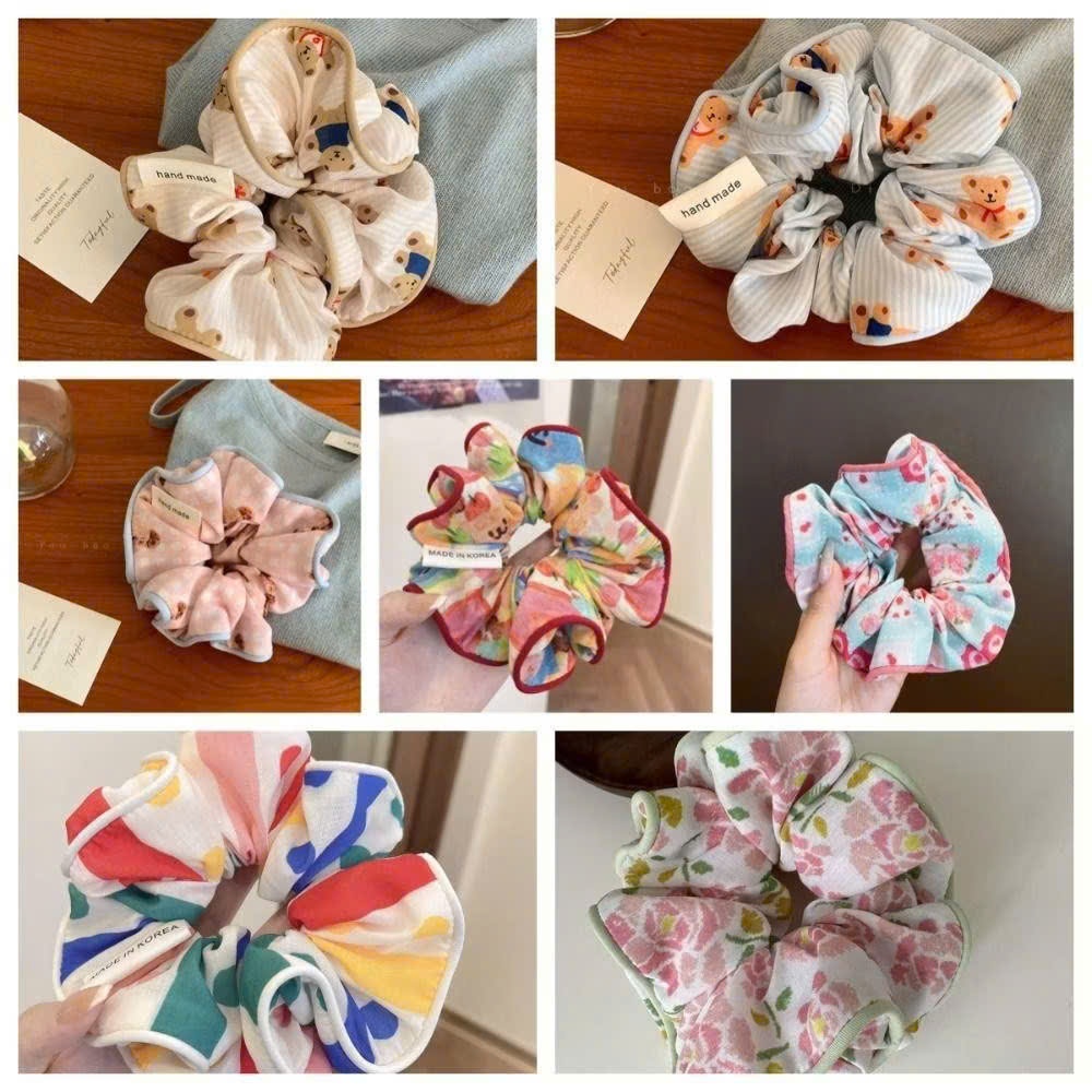 scrunchies họa tiết gấu viền pastel