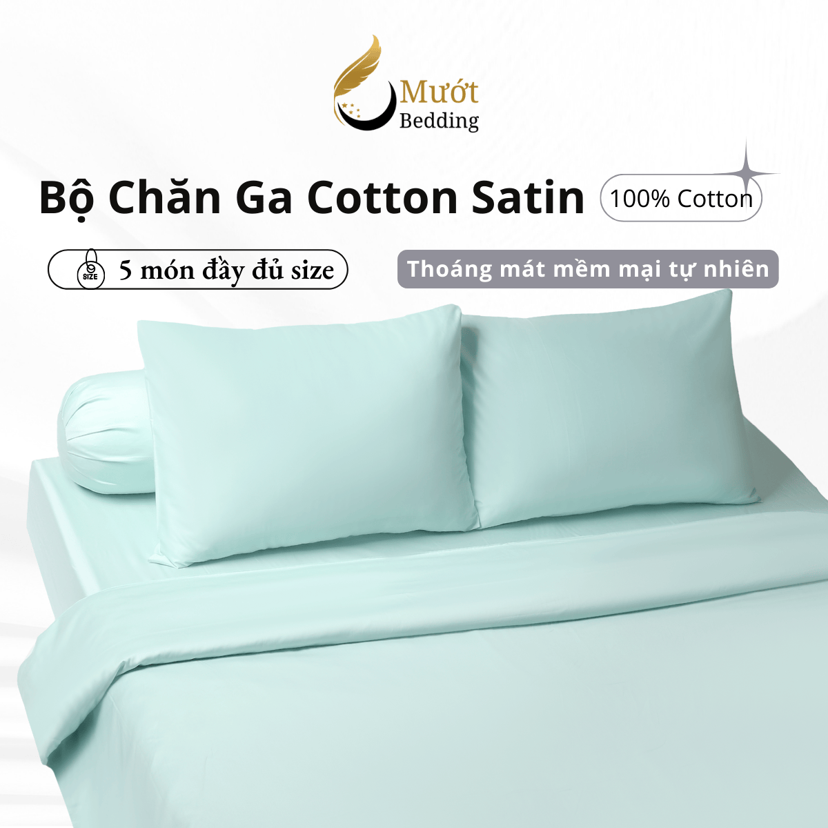 Bộ chăn ga gối 5 món Cotton Satin trơn màu cao cấp Mướt bedding đầy đủ size, set gồm 1 vỏ chăn, 1 ga giường, 2 vỏ gối nằm, 1 vỏ gối ôm