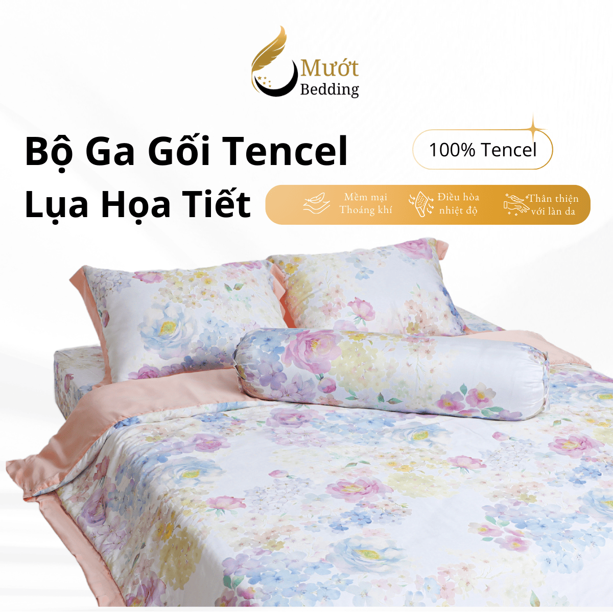Bộ ga giường Mướt bedding chất liệu lụa Tencel bộ 5 món gồm chăn cao cấp đầy đủ size giường