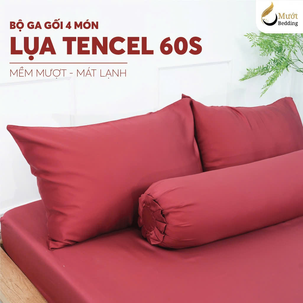 Bộ ga gối 4 món Lụa Tencel Mướt Bedding cao cấp trơn màu, set gồm 1 ga giường bo chun, 2 vỏ gối nằm và 1 vỏ gối ôm