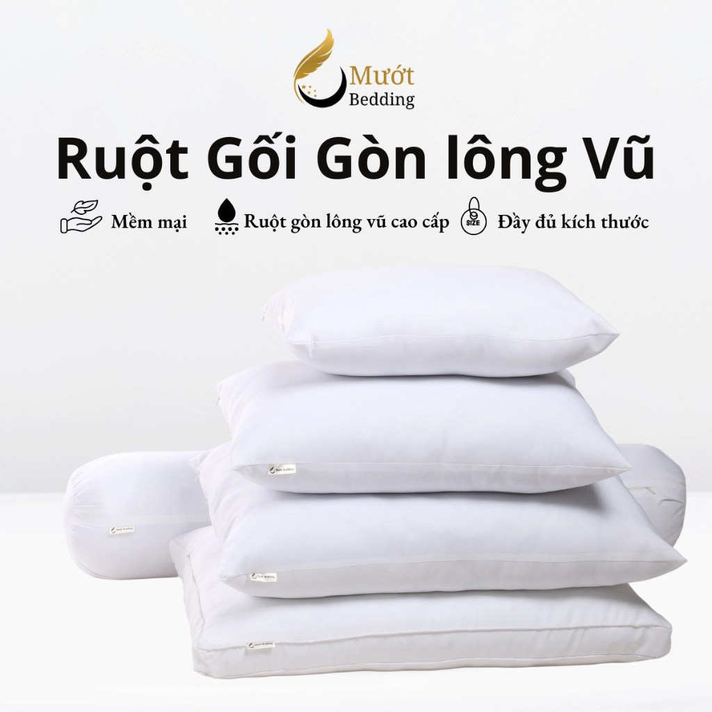 Gối nằm, ruột gối Mướt bedding chất liệu gòn lông vũ cao cấp đầy đủ size 40x60, 50x70