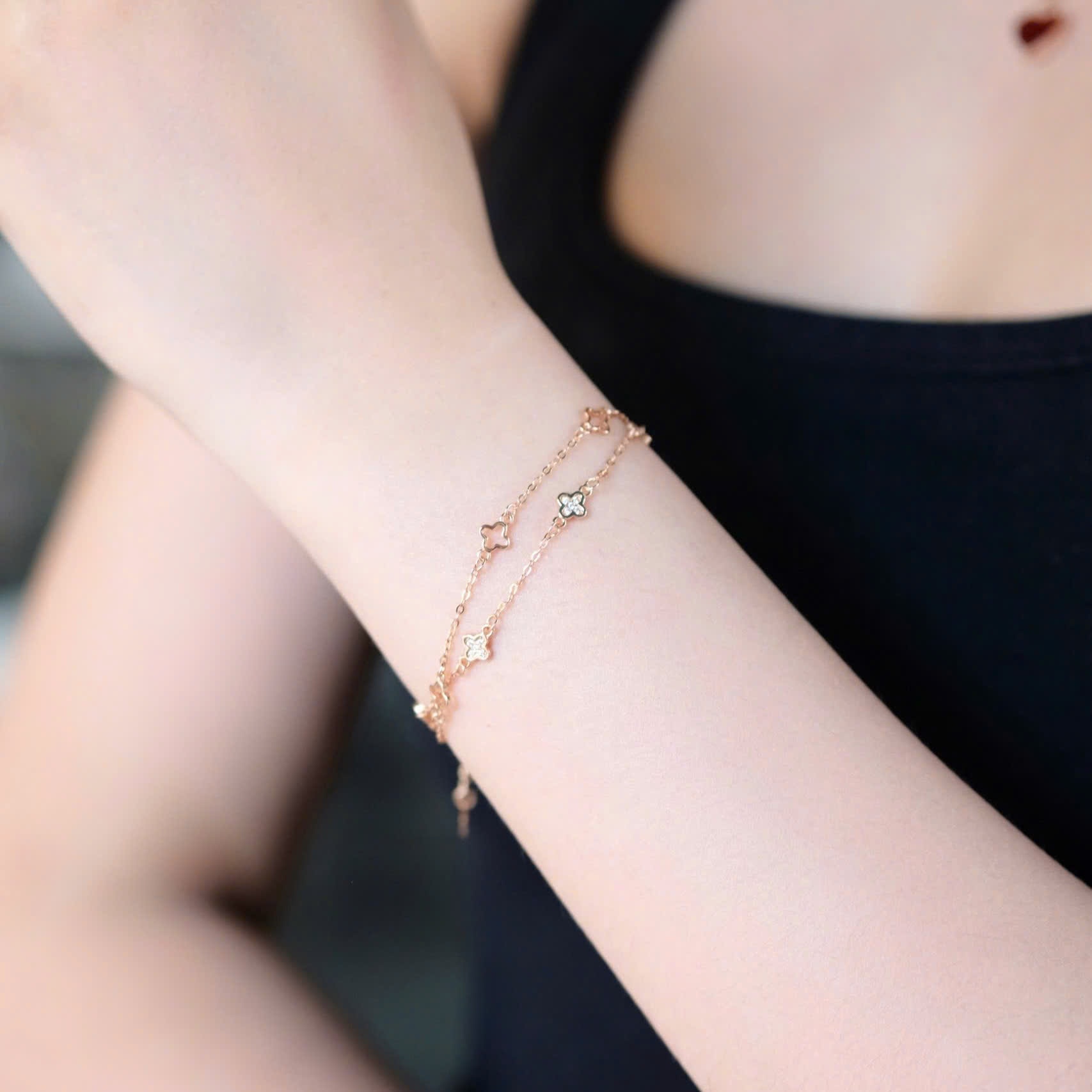 Lắc tay bạc nữ mạ vàng hồng 18K và xi bạch kim LAVESTA LAV134 thiết kế cỏ 4 lá 2 dây Hera thanh lịch, sang trọng