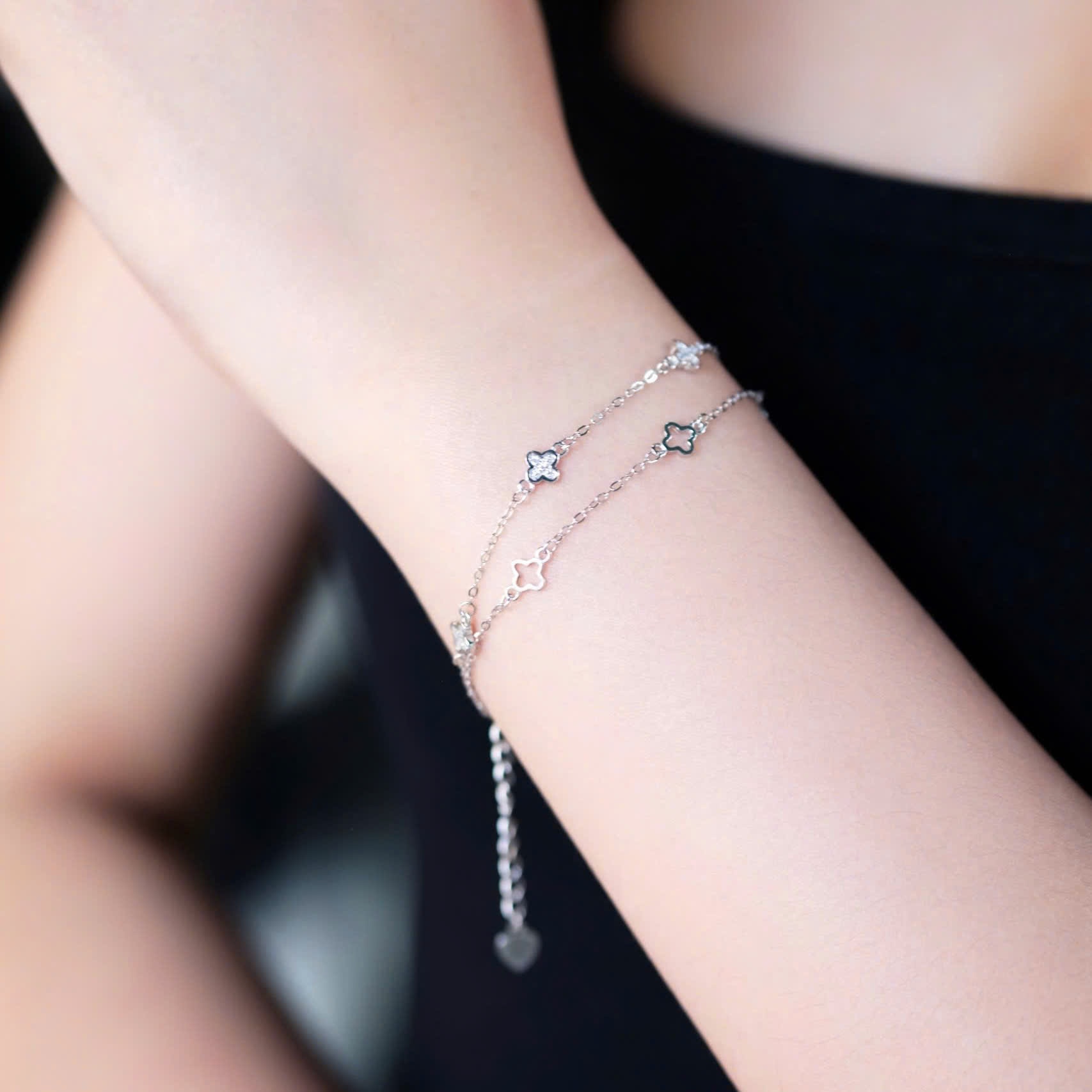 Lắc tay bạc nữ mạ vàng hồng 18K và xi bạch kim LAVESTA LAV134 thiết kế cỏ 4 lá 2 dây Hera thanh lịch, sang trọng