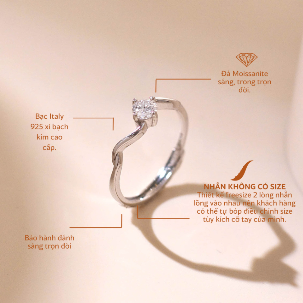 Nhẫn nữ bạc xi bạch kim đính đá Moissanite bạc xi bạch kim 4 ly kiểm định GRA LAVESTA KC129 hiện đại, ấn tượng -fs