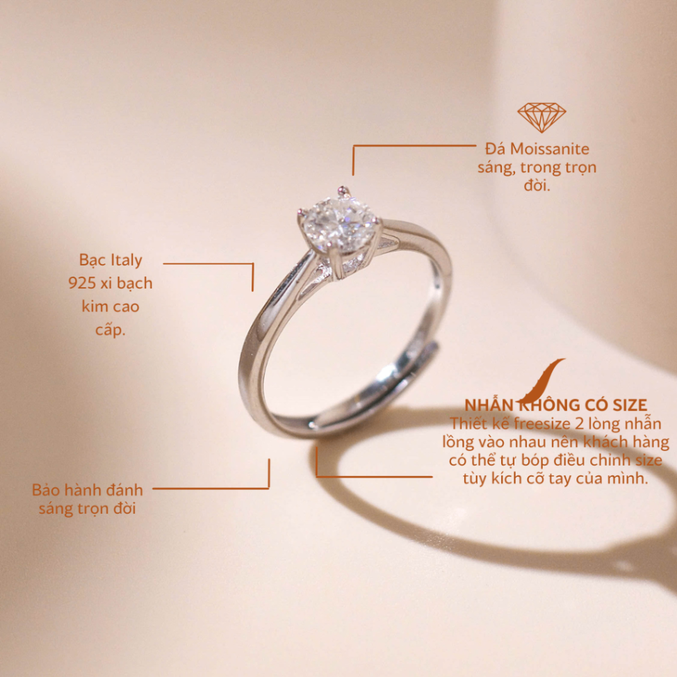 Nhẫn nữ bạc xi bạch kim đính đá Moissanite bạc xi bạch kim 5 ly kiểm định GRA LAVESTA KC125 tối giản, sang trọng -fs