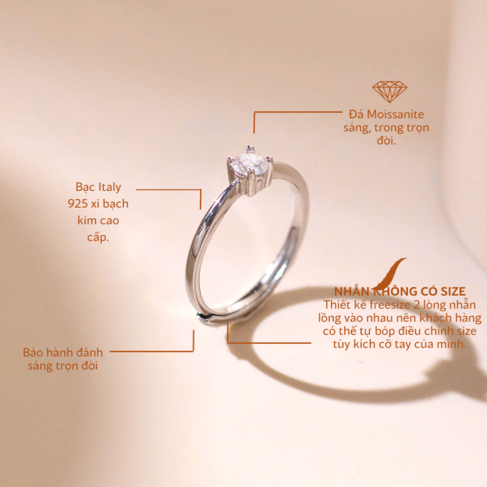 Nhẫn nữ bạc xi bạch kim đá Moissanite 4 ly kiểm định GRA LAVESTA KC130 tối giản, tinh tế -fs