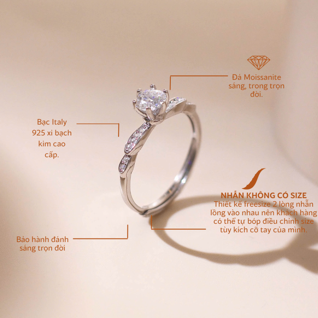 Nhẫn nữ bạc xi bạch kim đá Moissanite 5 ly kiểm định GRA LAVESTA KC127 đài các, thanh lịch -fs